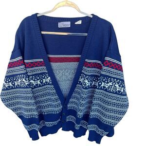Vintage Masterpiece Apparel Cardigan Sweater Mens Large Blue Fair Isle Winter
